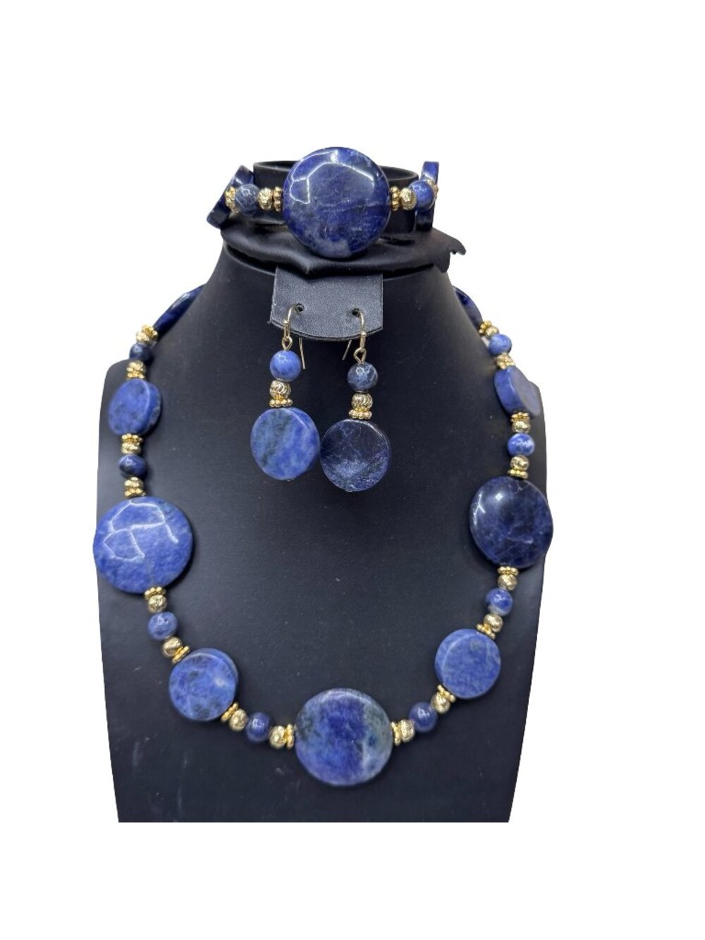 Stauer Blue Sodalite Gemstone Jewelry Set Necklace Bracelet Earrings Gold Accent